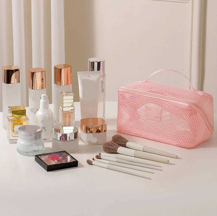 Large Capacity Mesh Handheld Makeup Bag Zipper Multilayer Transparent Mesh Cosmetic Bag Organizer Case SquareT251024
