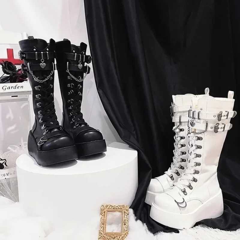 Motorcycle Boots Platform Boots for Women Wedges Knee High Black Lace Up Fashion Goth Gothic Boots Punk Shoes Girls Winter W251024