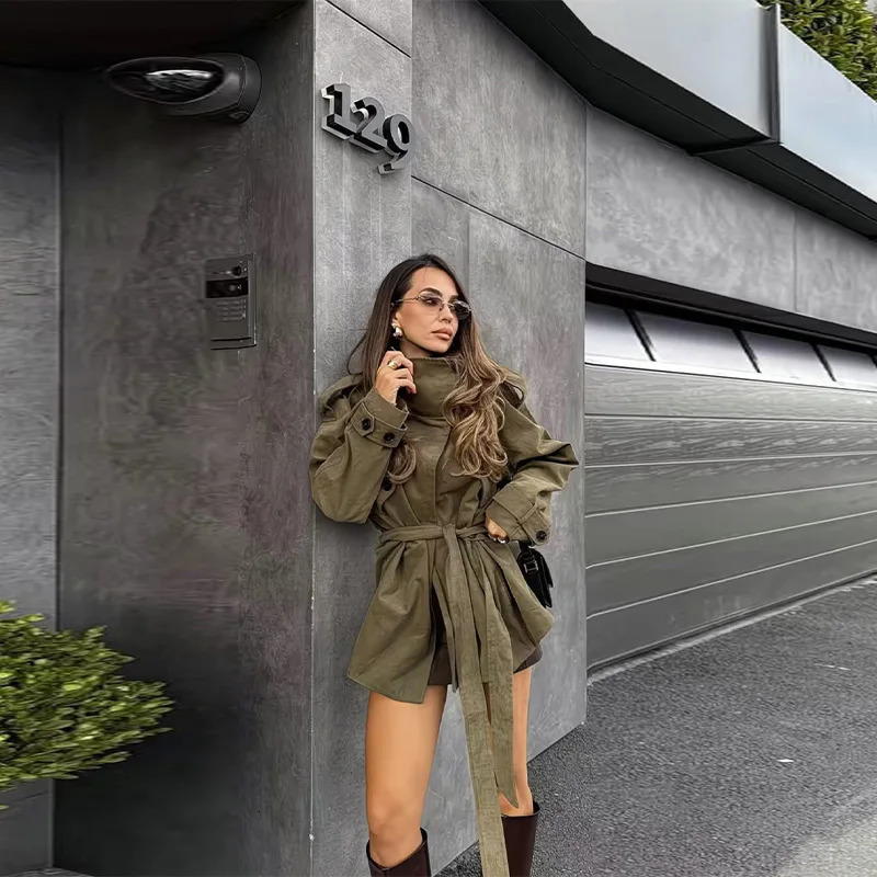Womens Jacket Long Sleeve Button With Belt Coat Lace Up Stand Collar Outerwears Autumn Chic High Street Lady Jackets 251021