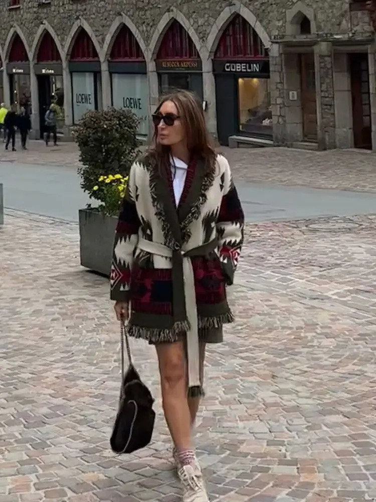 Womens Boho Print Knit Cardigan Top Fringe Trim Belted Long Sleeve Sweater Laceup Coat 2025 High Street Outerwear Outfit 251013