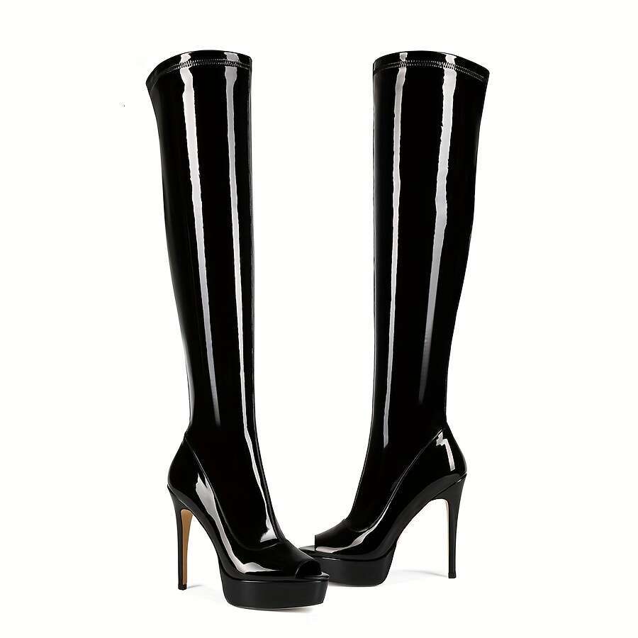 Women's Ultra-High Slip-On Glossy Black Evening Boots With Thick Heels, Slip-Resistant Rubber Sole Party, Formal, Everyday Extended Sizes Availab