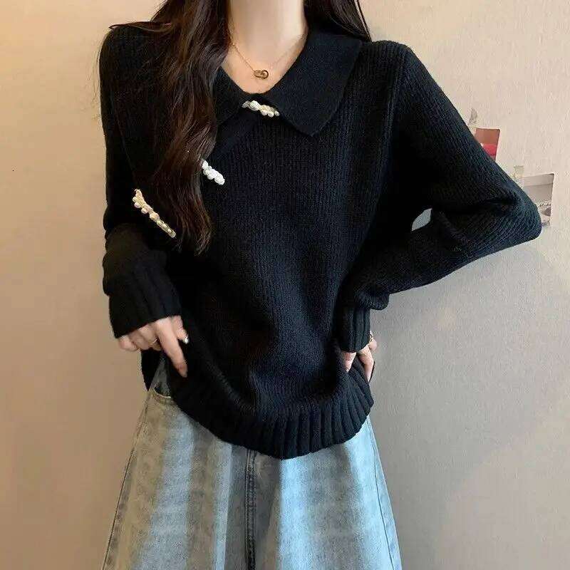 Autumn Winter Red Sweater Women Year Christmas Unique Top New Chinese Style Warm Festive Turn-Down Collar Trend Fashion