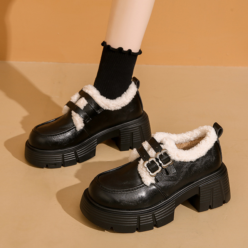 Thick Sole Height Increasing Warm Fleece Lined Belt Buckle Loafers Women's Shoes 2025 Autumn New British Style Commuter Flats ddmythur