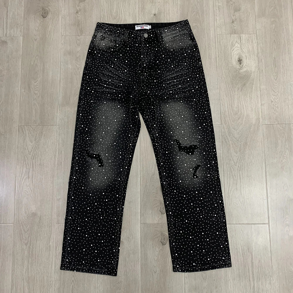 Vintage Shinning Rhinestone Washed Hole Distressed Baggy Jeans Pants for Men Straight Casual Loose Ripped Denim Trousers 251021