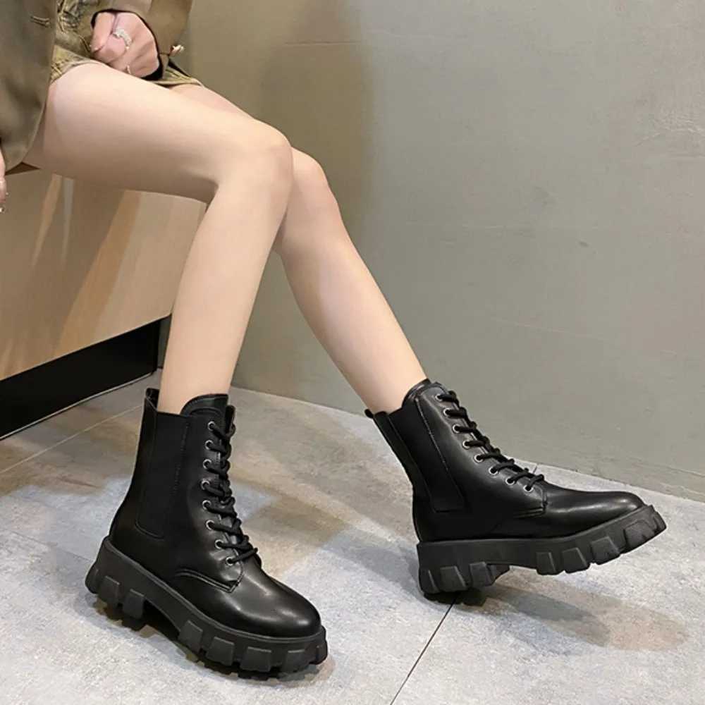 Pop Black Platform Combat Ankle Boots For Women Lace Up Strap Woman Thicken Winter Motorcycle boots W251024