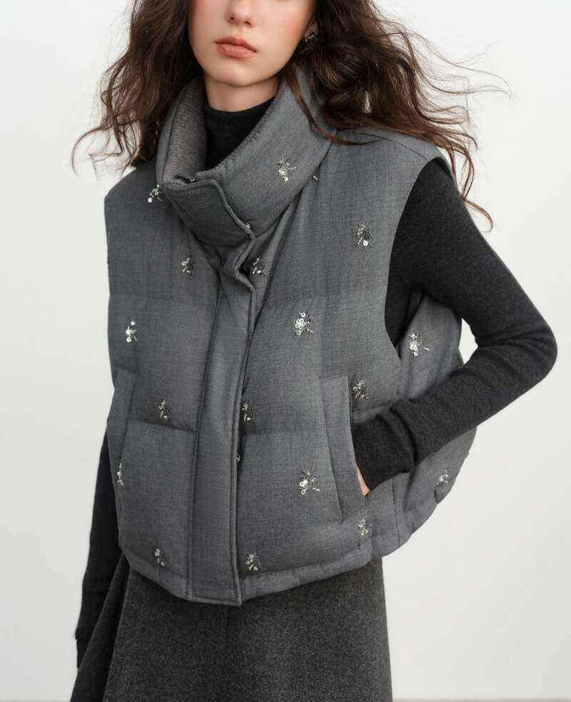 Fslepremium Seriesbeaded Short Puffer Vest Women Autumn Winter Quilted Jacket Down Gilet Coat Outdoor Streetwear Womens Coat