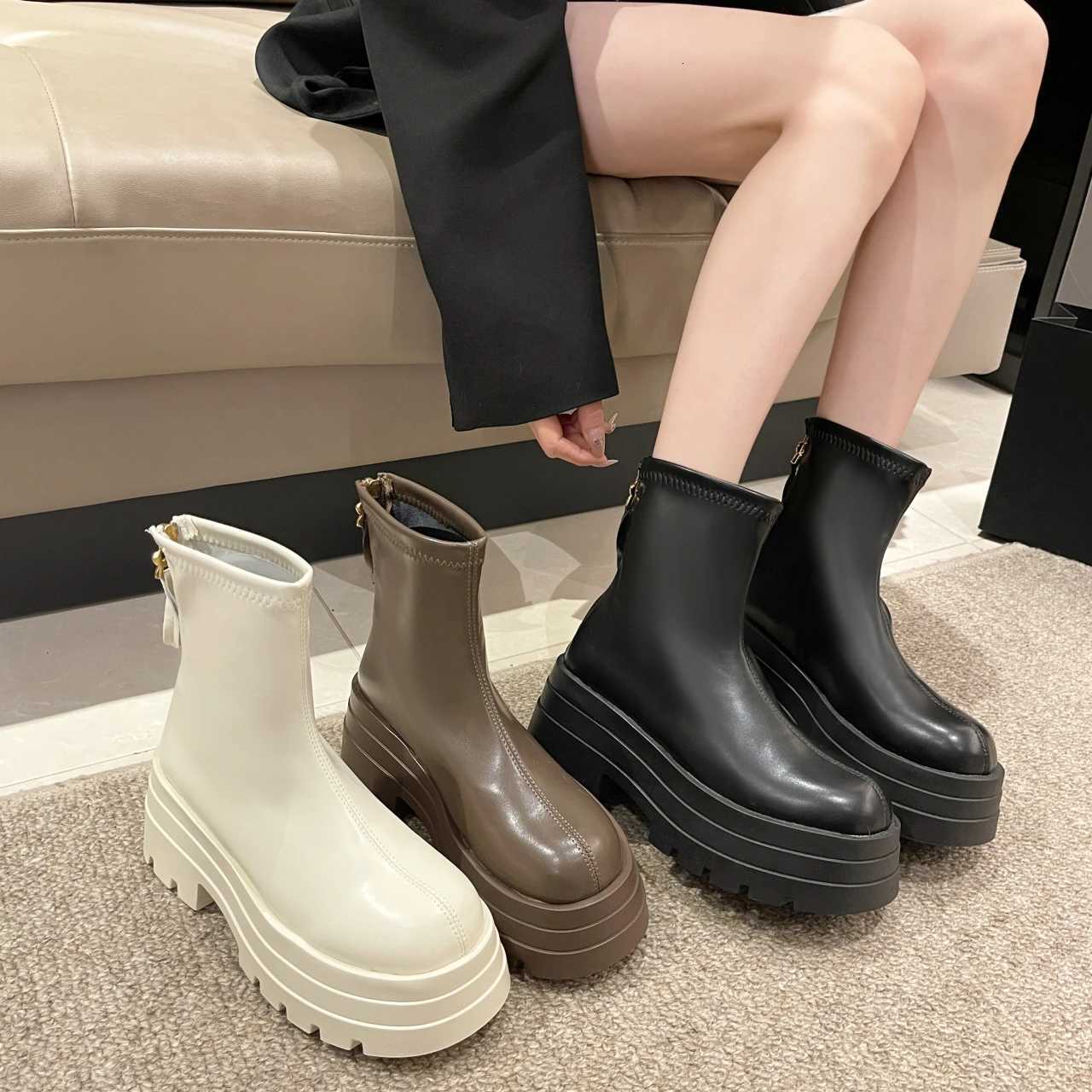 PU Leather Chunky Platform Ankle Boots 2024 Women Back Zipper Thick Heeled Short Boots Woman Black Punk Boots Ladies D113 W251024