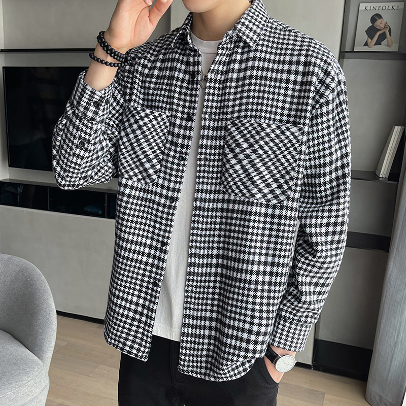 Plaid Trendy Men's Casual Loose Color-Block Long Sleeve Fashion Shirt Jacket