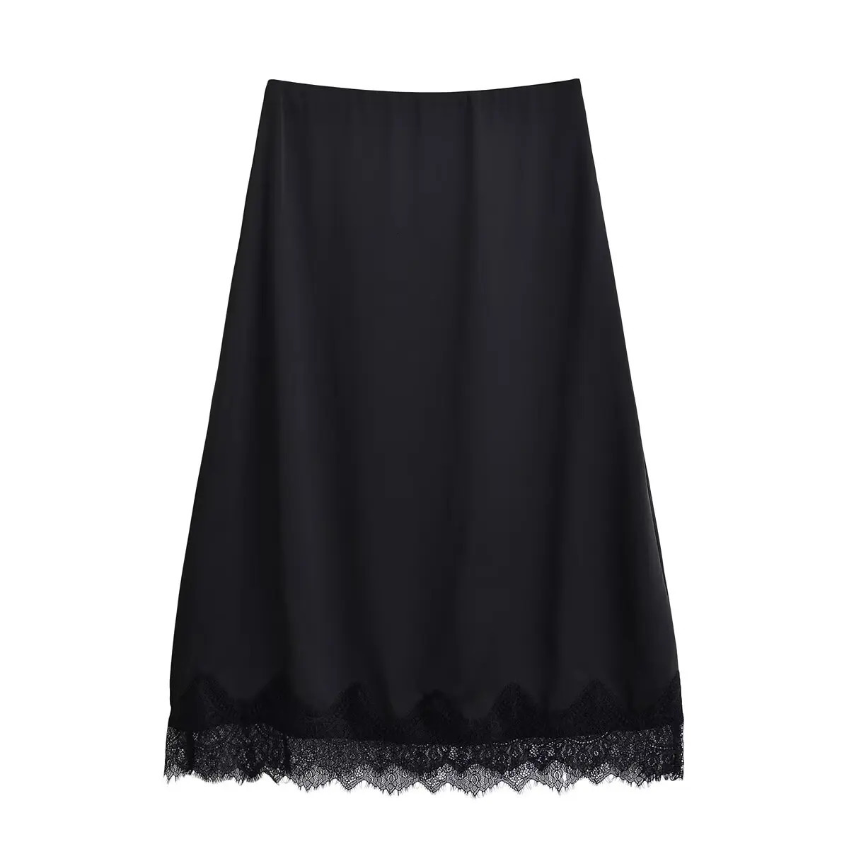 Tidalyf Women Satin Midi Skirt with Lace Trim Elegant Chic High Waist Slim Fit Casual Fashion Outfit 251017