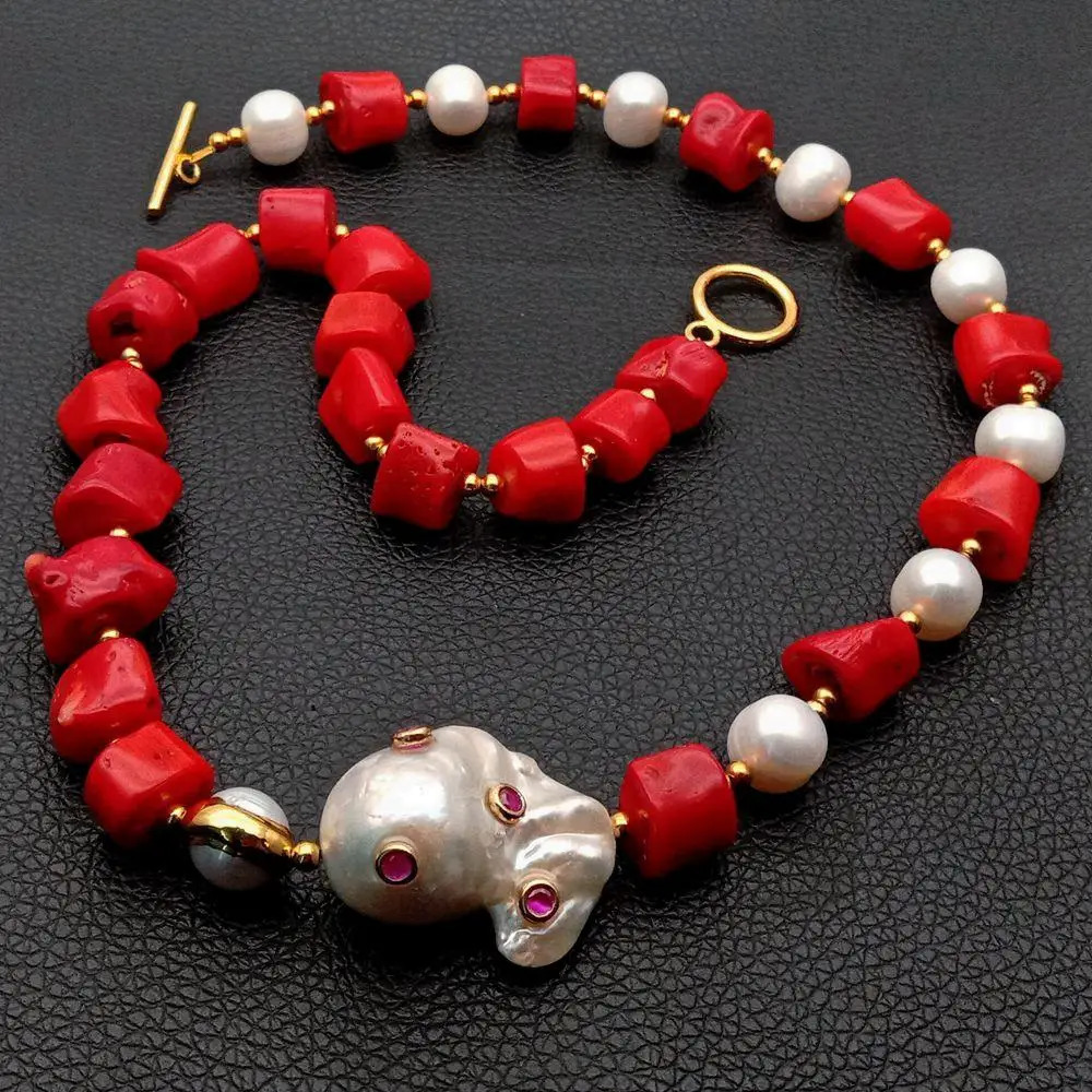 Red Coral White Pearl Necklace White Keshi Pearl Cz pave Pendant 21 251016