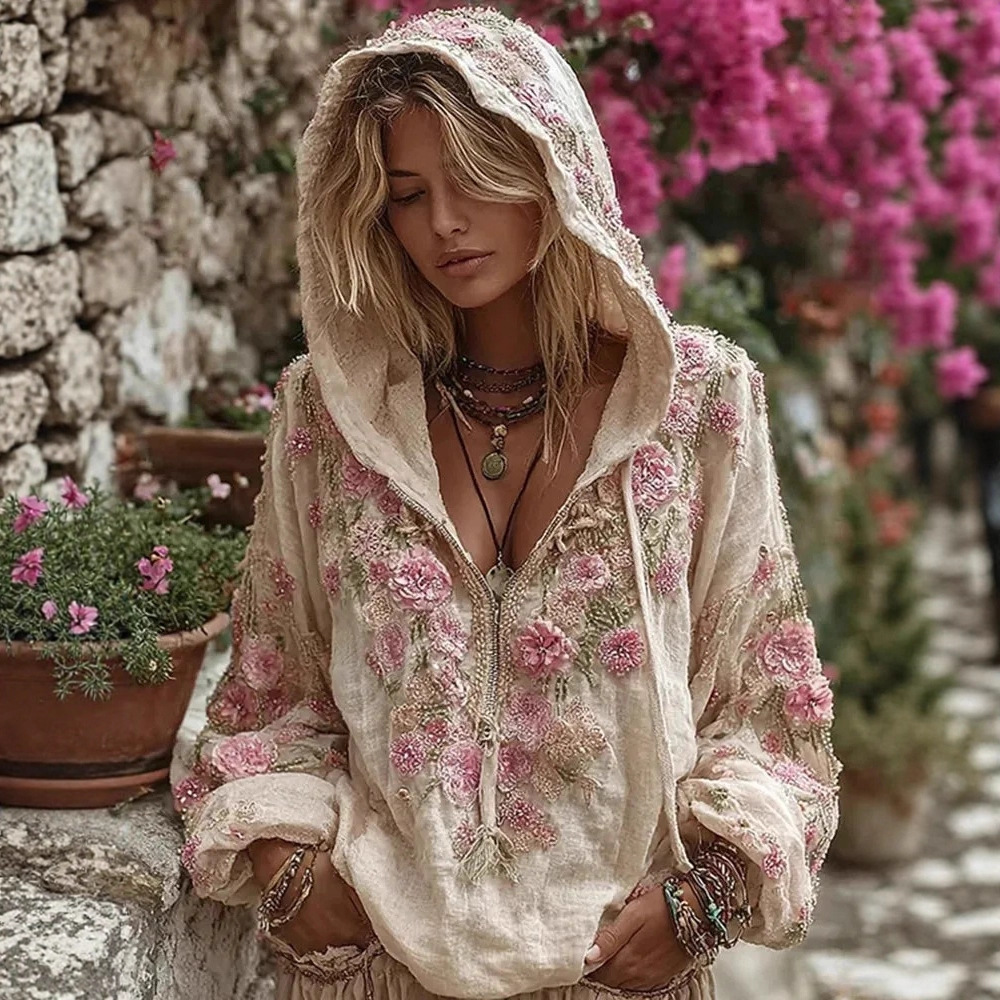 Hooded zipper sweatshirt trend Japanese ethnic style cherry blossom art print national trend loose autumn and winter floral