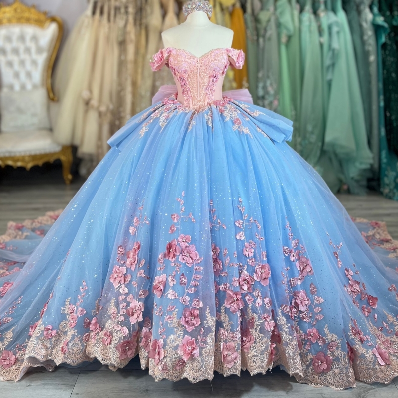Sky Blue Shiny Quinceanera Dresses Ball Gown Off The Shoulder Applique Flower Beading Crystal Bow Tull Party Birthday Sweet 16 Dress Vestidos 15 De An