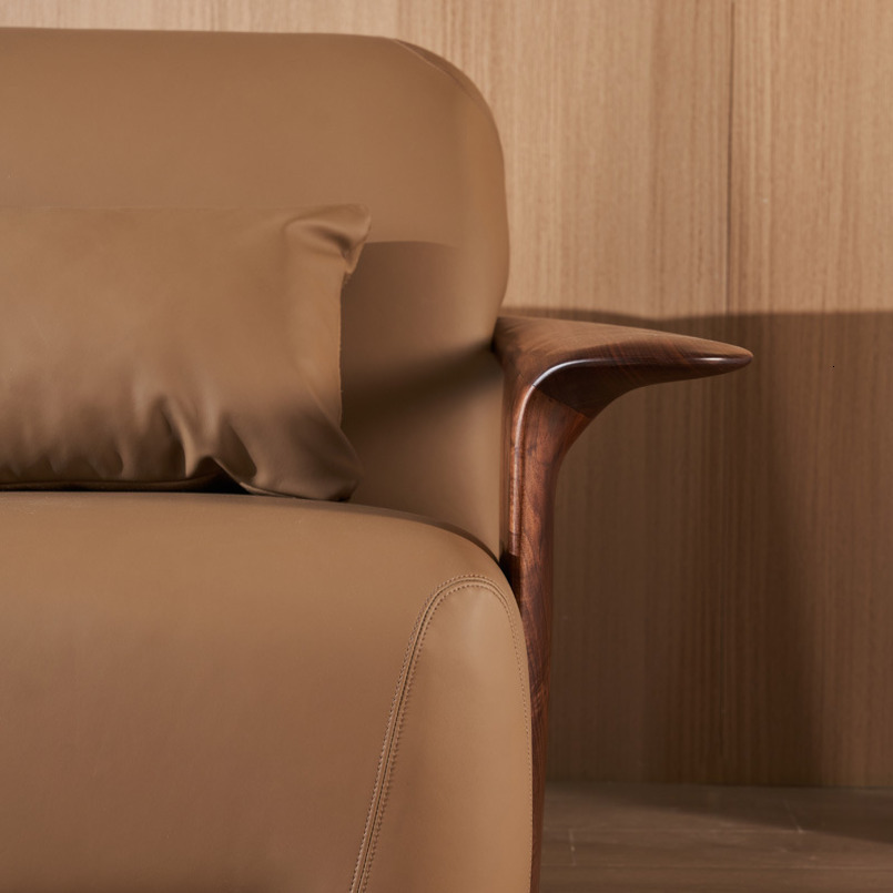 Black Walnut Solid Genuine Leather Natural Wood Style Nordic Living Room Four-Seater Single-Seater Combination Sofa