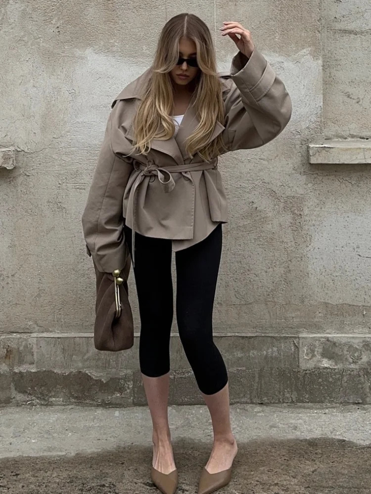 Womens Wide Shoulder Windbreaker Coat Autumn Laceup Lapel Long Sleeve Jackets Fashion Daily Commute Office Lady Outerwear 251021