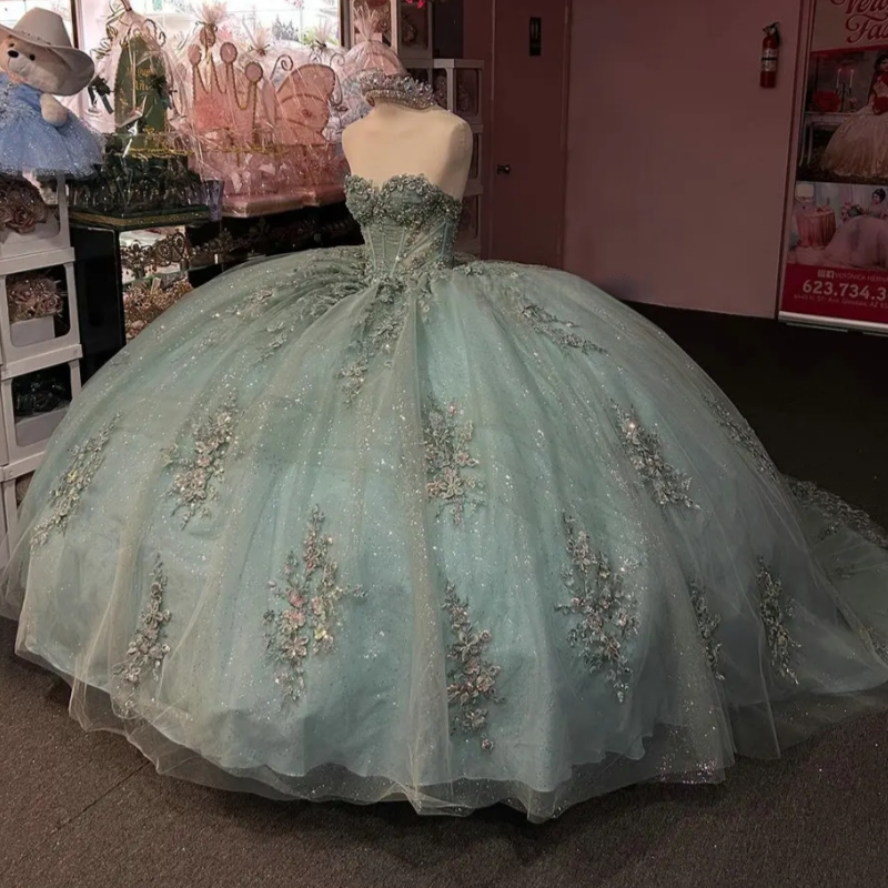 Mint Green Sweetheart Sleeveless Quinceanera Dresses Ball Gown Floral Appliques Lace Sweet 15 Anos Mexican