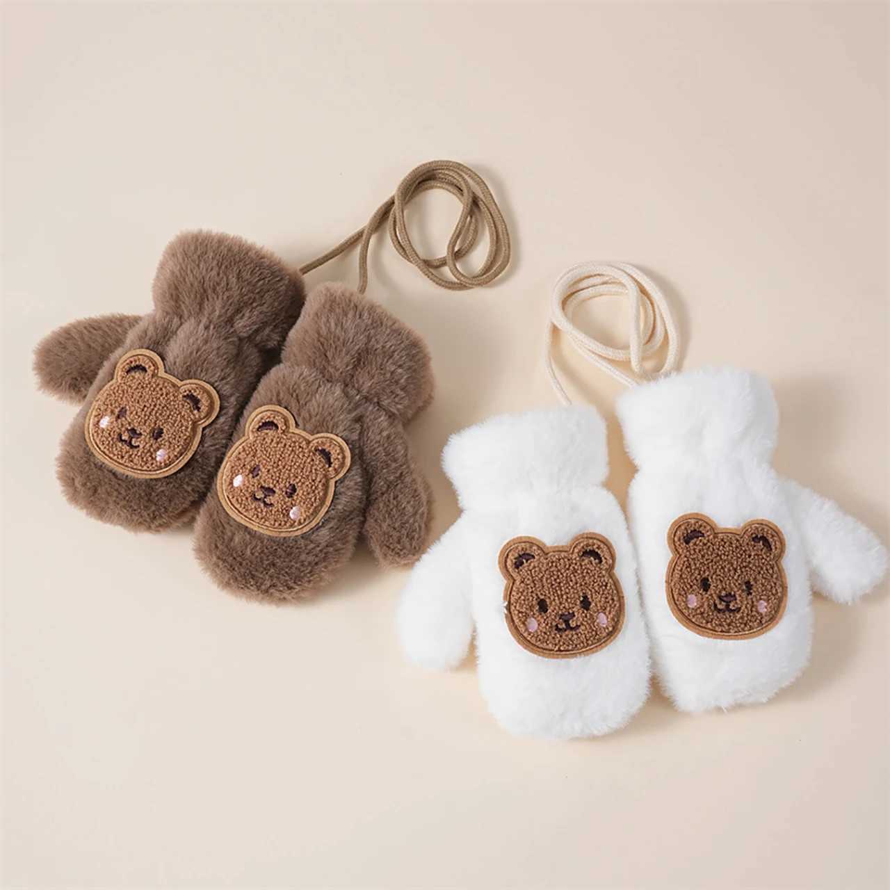 Winter Kids Plush Gloves With Hanging Neck Rope Cute Bear Mittens Soft Faux Fur Fingerless Glove 25Year Children Hand Warmer Y251024