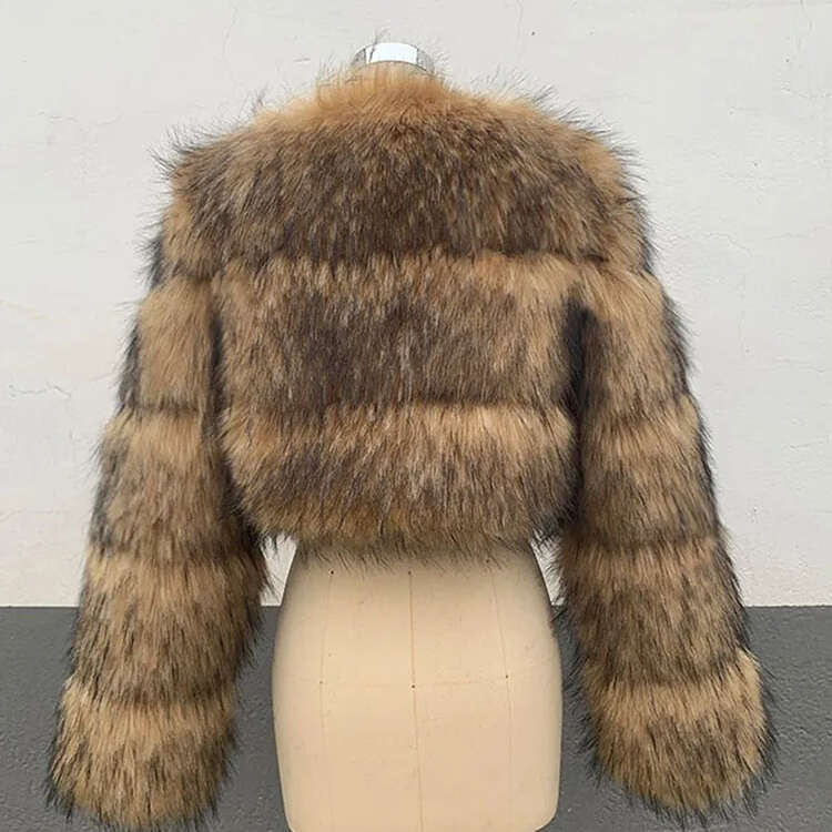 High Quality Cropped Raccoon Coat Women Winter Fashion O Neck Long Sleeve Fluffy Short Faux Fur Jacket Crop Top