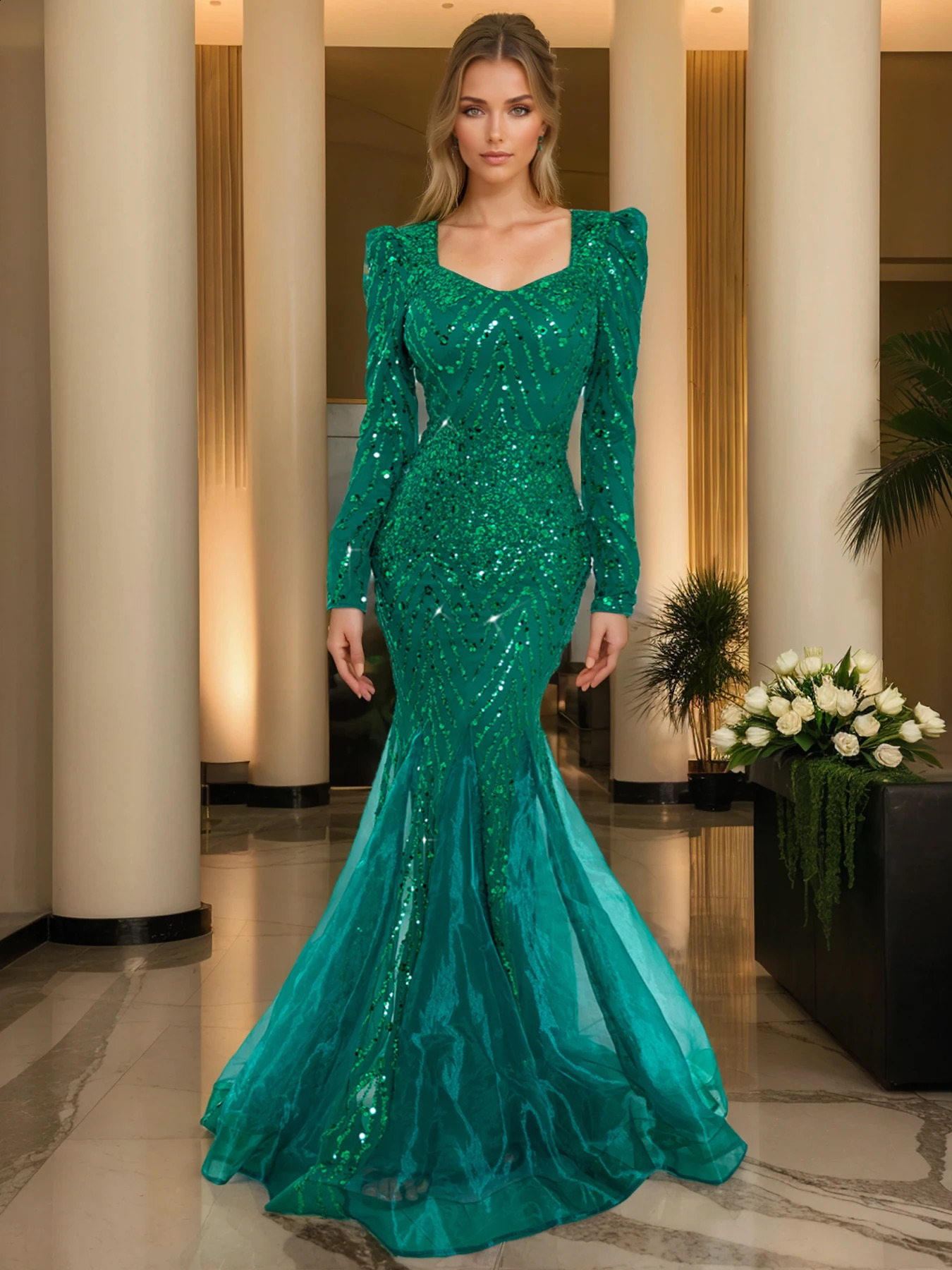 Romagic Long Sleeves Sweetheart Neck A Line Mesh Formal Evening Dress Floor Length Women Prom Party Dresses Winter 251023