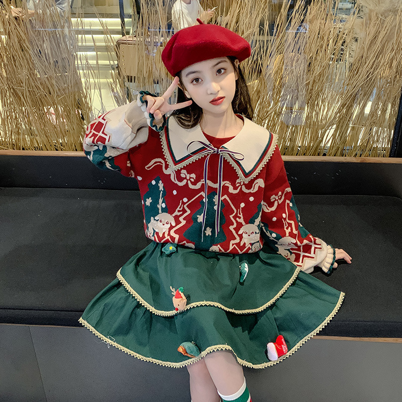Girl Fashion Design Autumn/Winter Red Christmas Sweater Set New Fashionable Big Kids Winter Cake Skirt Two Piece Set