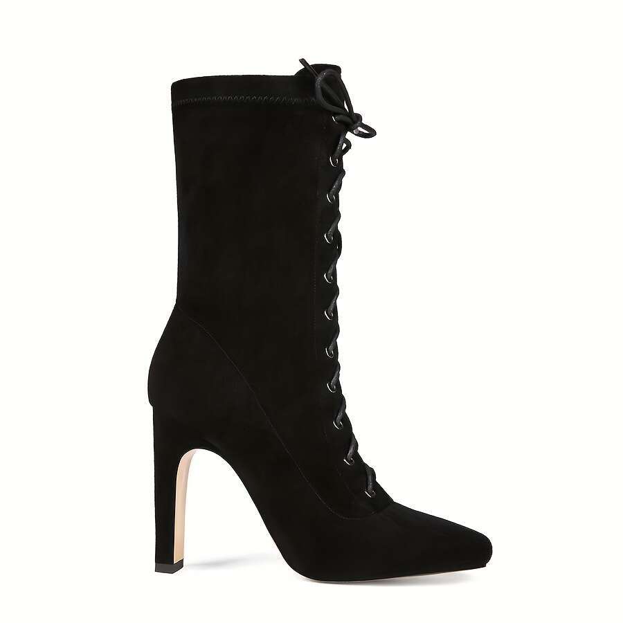 Women's Black Square Toe Platform Pumps - Adjustable Lace-Up Ankle Strap, French Block Heel, Fabric Upper Rubber Sole For All-Season Formal & Cas