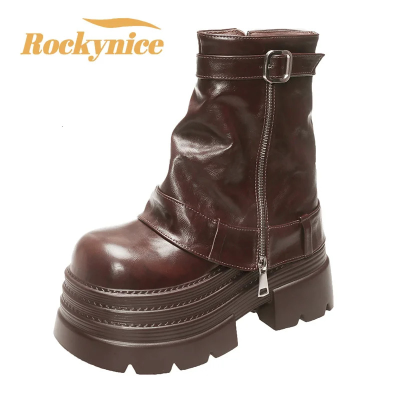 Womens Autumn Winter Leather Ankle Boots 10CM Heels Chunky Platform Combat Boots Non Slip Motorcycle Shoes Woman Punk Boots 251023