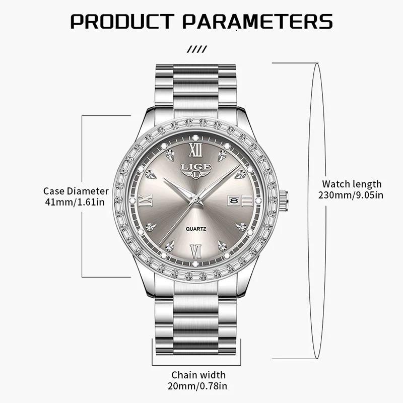 LIGE elegant womens watch Fashion waterproof clock luminous stainless steel business quartz watch for Women reloj de mujerBOX 251021