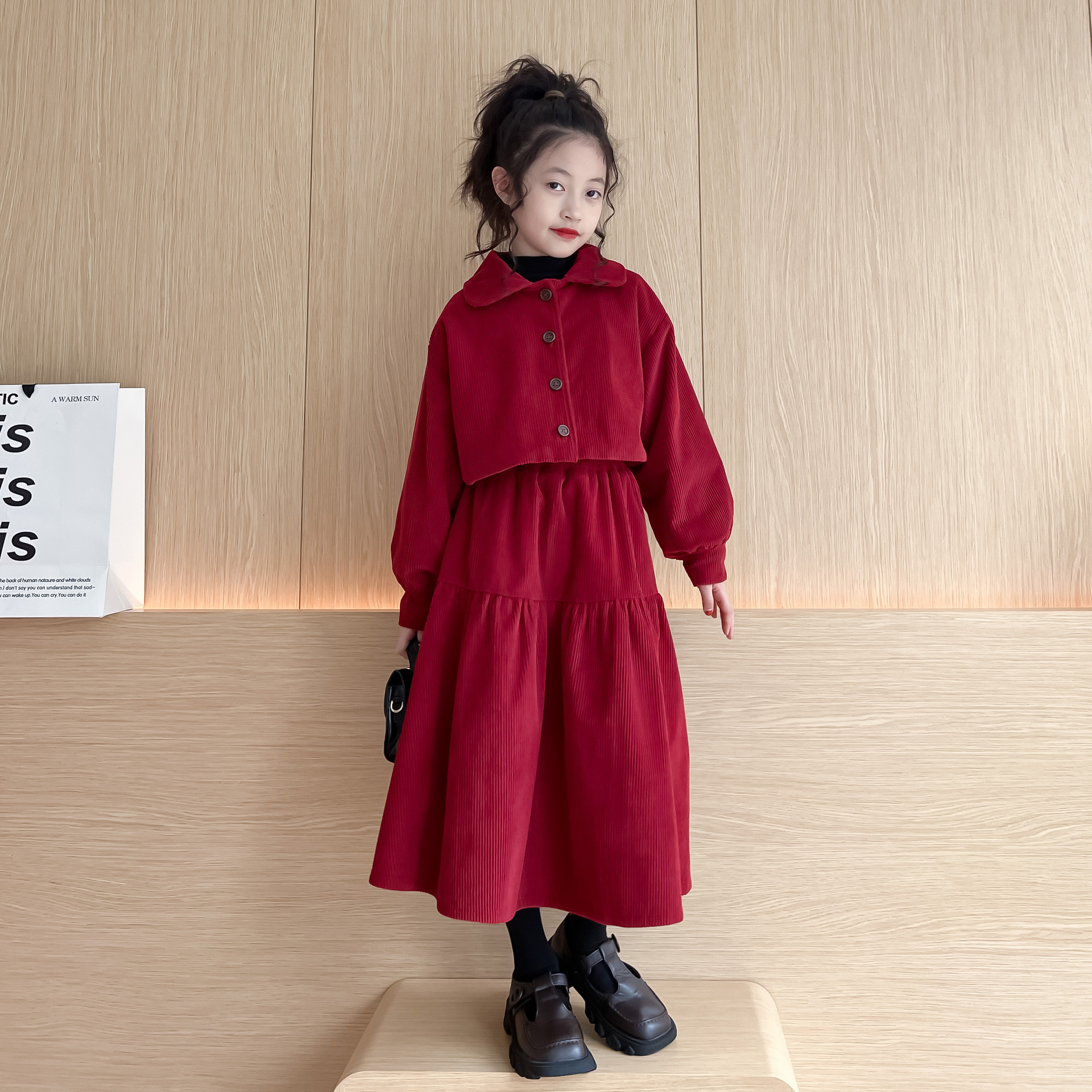New fashion designer children's clothing girls' plus size set autumn and winter parent-child corduroy solid color skirt set