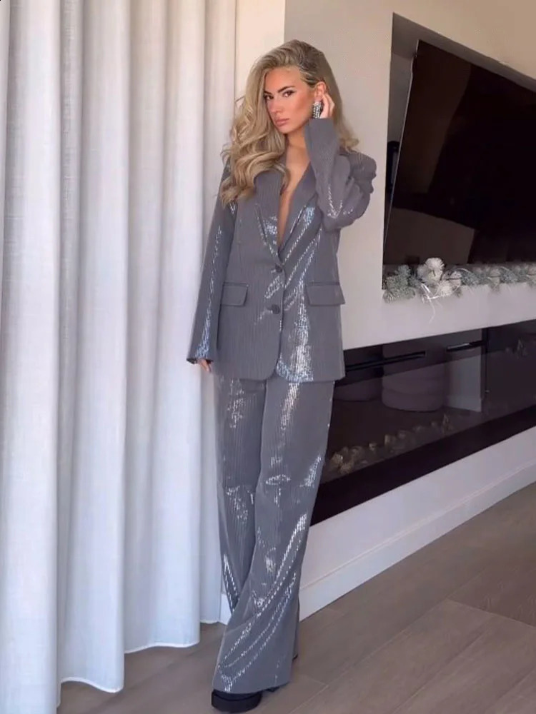 HH Women 2 Piece Suit Long Sleeves Lapel Pocket Sequins Decorate Single Breasted BlazersHigh Waist Zipper Side Pockets Pant 251023