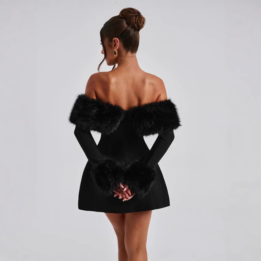 Women's Winter New Elegant Off Shoulder One Shoulder Collar Fur Patch Tight High Waist Designer Dress