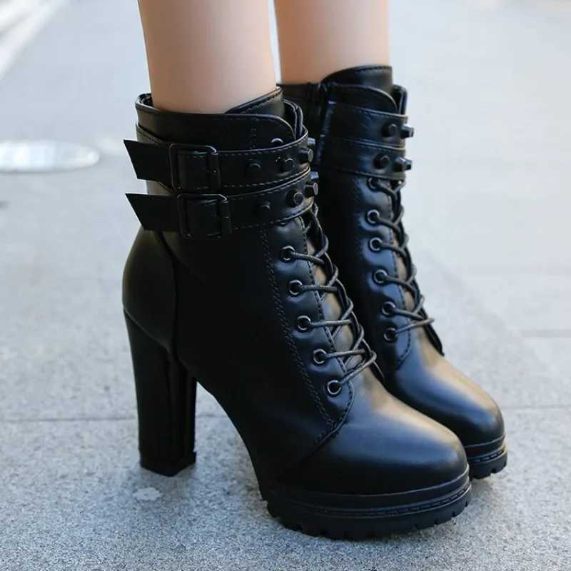 Womens High Heels Fall Chunky Romanstyle Belt Buckle Short Boots Fashion Platform Ankle Boots Black Red Ladies Autumn Booties W251024