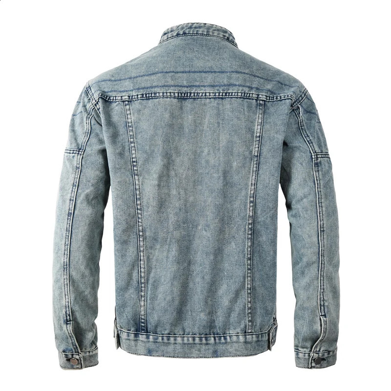 High Street Fashion Men Jacket Retro Washed Blue Stand Collar Denim Bomber Coat Zipper Fly Chaquetas Hombre 251017