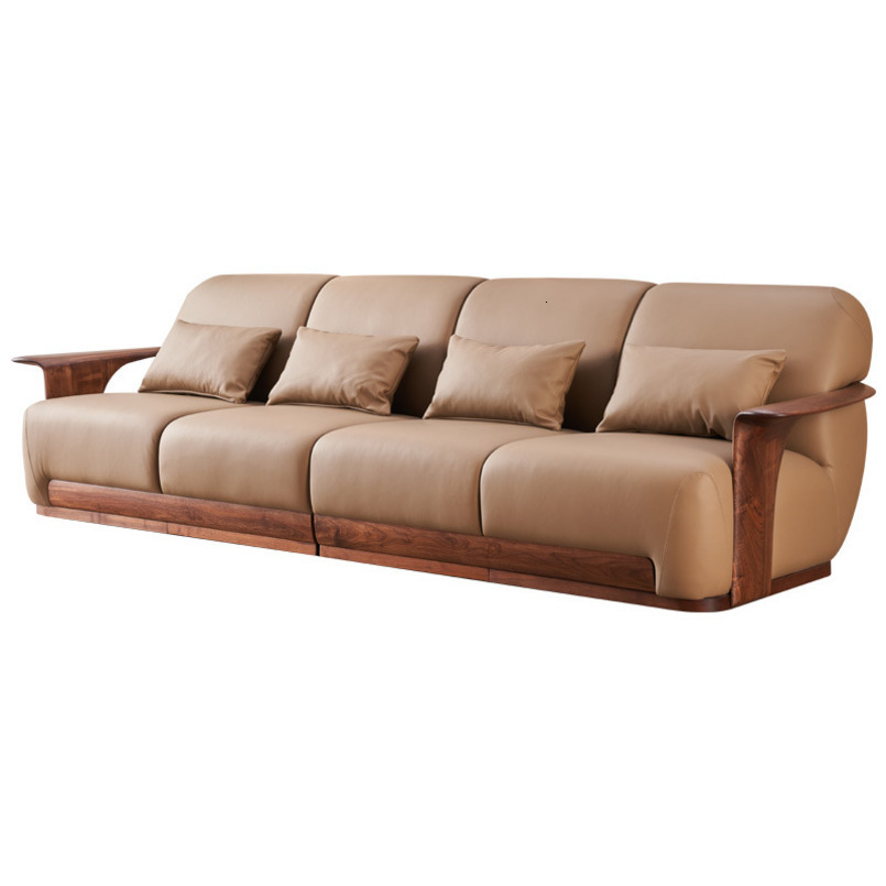 Black Walnut Solid Genuine Leather Natural Wood Style Nordic Living Room Four-Seater Single-Seater Combination Sofa