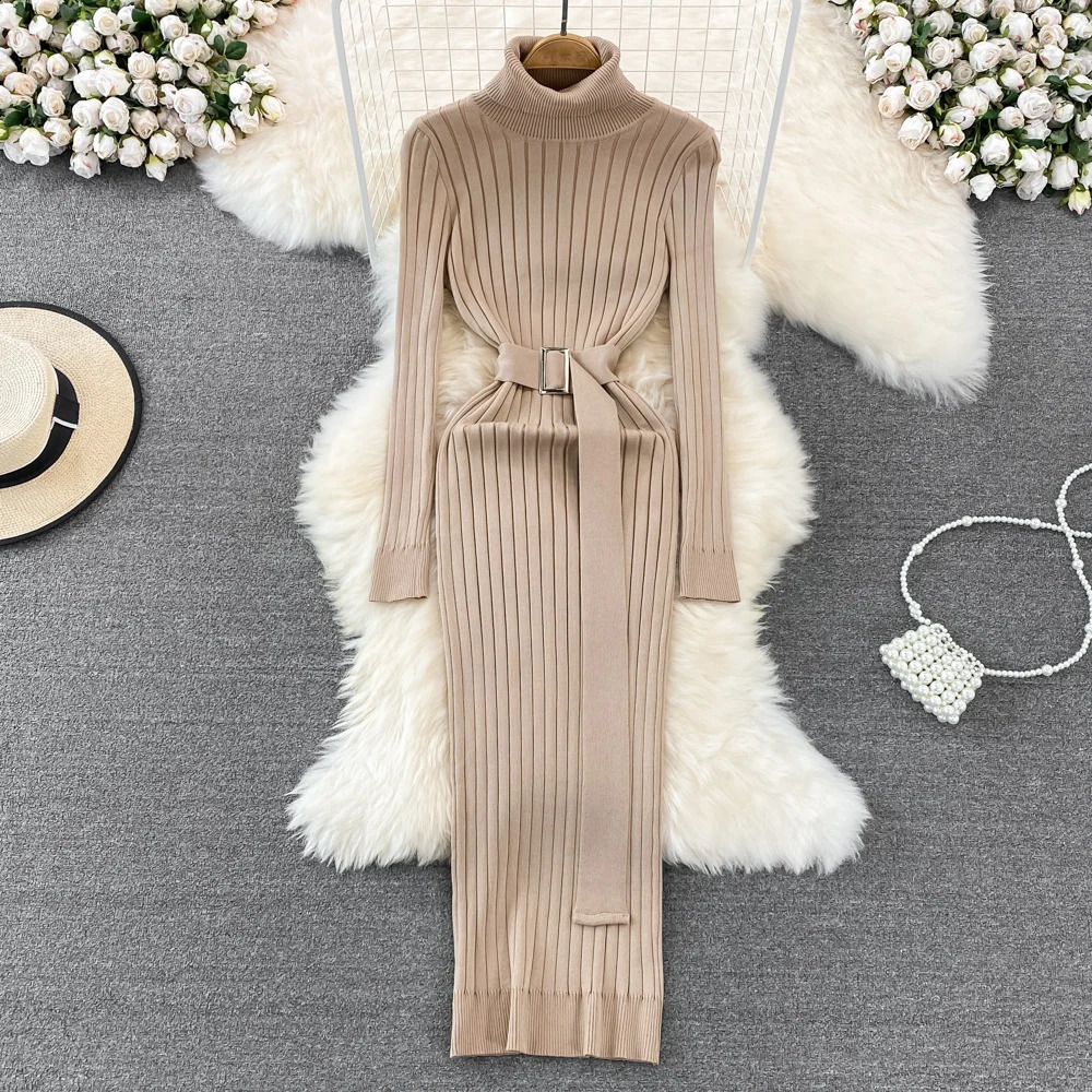 YuooMuoo Ins Turtleneck Sexy Wrap Hips Knitted Dresses Women 2025 Autumn Winter Long Sleeve Bodycon Sweater Dress with Belt 251023