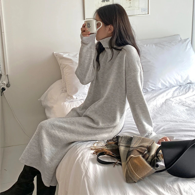 2025 Autumn Winter Sweater Dress Women Japanese y2k Turtleneck Long Sleeve Thicken Loose Knitted Long Dresses 251023
