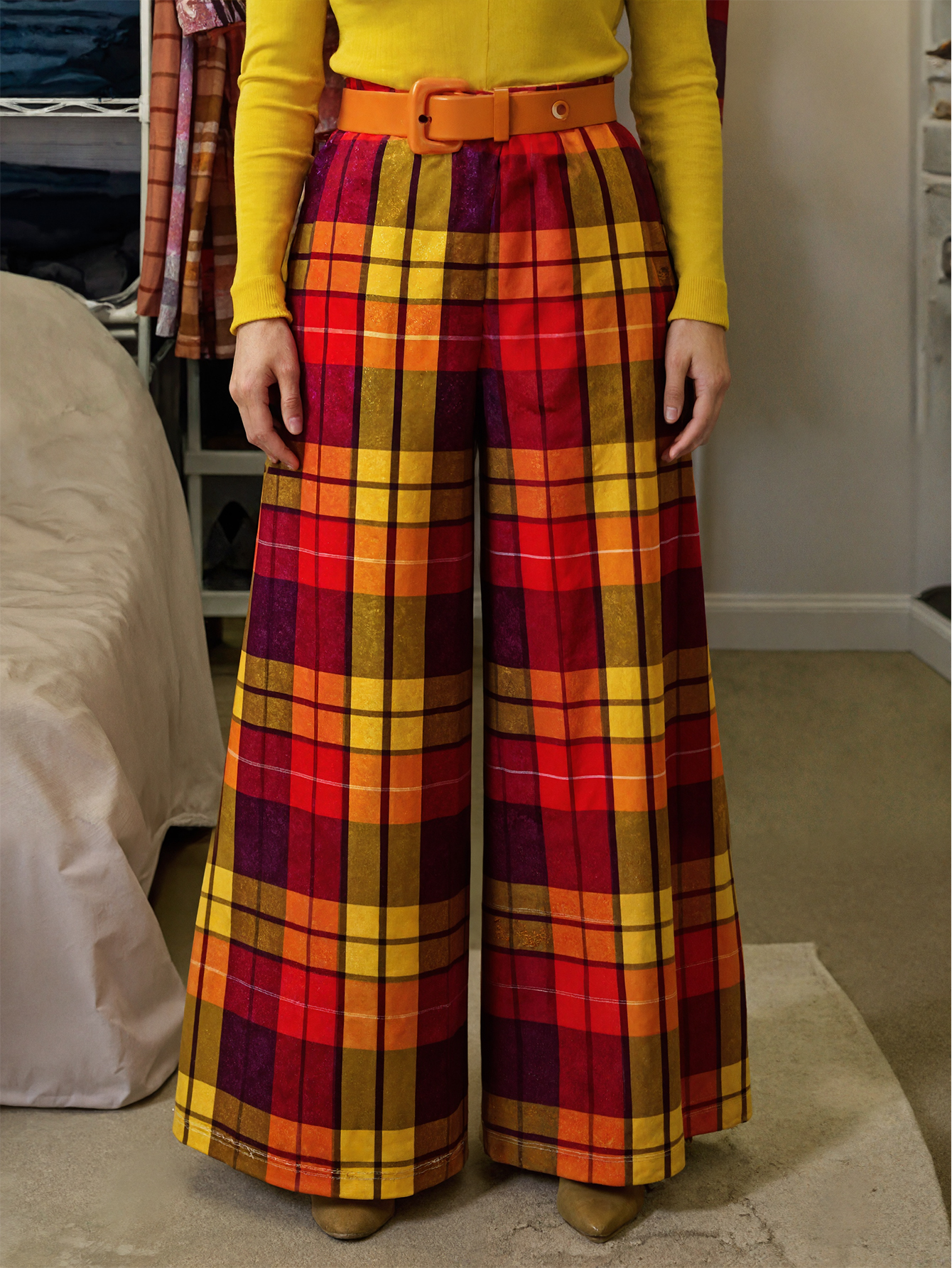 Spring Autumn New Women's Plaid Printed Retro Wide-Leg Pants, Milk Silk Casual Vintage Trousers, S-XXL Mixed Color--CF43688