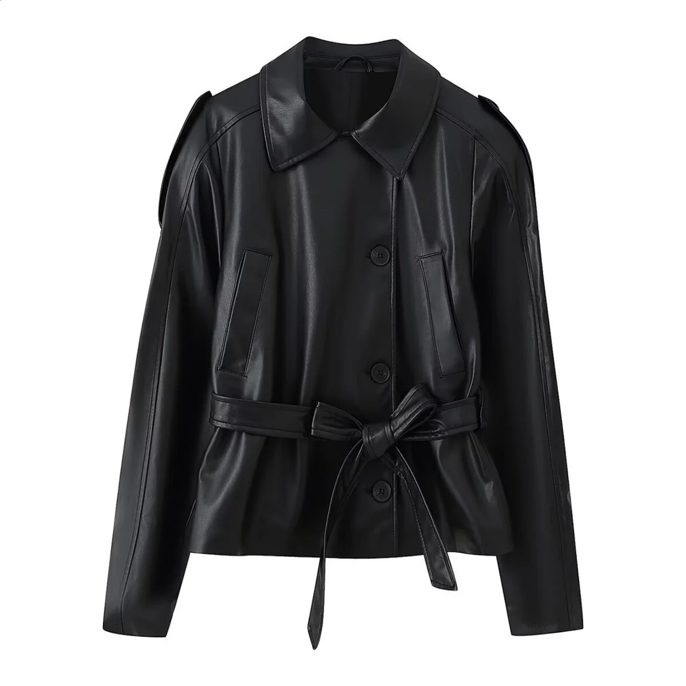 Woman Autumn Faux leather Jacket Solid TurnDown Collar Long Sleeves Pocket Belt SingleBreasted Female Streetweer Coats 251020