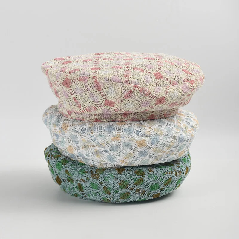 Autumn Spring Women Berets Sweet CandyColored Plaid Beret Hat for Women Tweed Beret Hat 251023