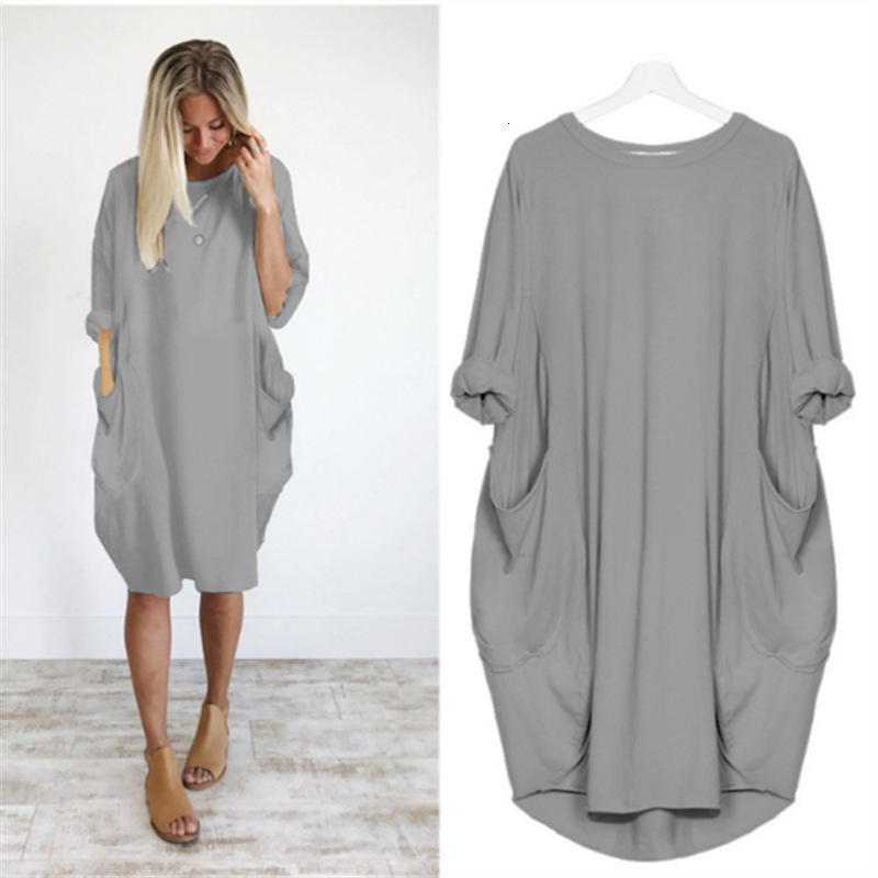 Women's Casual Loose Pocket Long Sleeve Plus Size Dress for Chubby Sisters