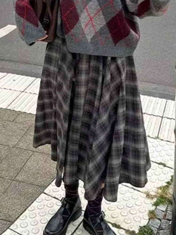 GrayBrown Plaid ALine Midi Skirt High Waist Pleated Autumn Fashion Retro Women Bottoms Preppy Causal Elegant Lady 251017