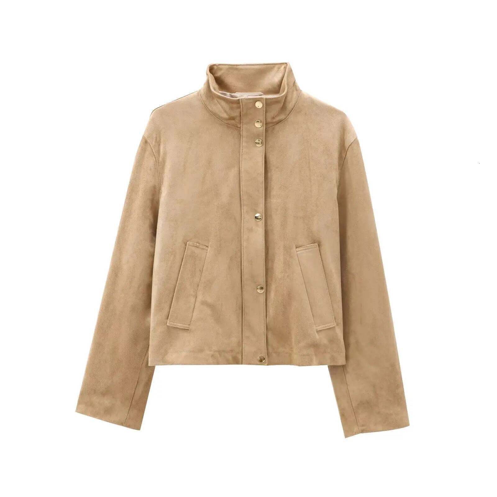New Women's Fashion European American Style Simple And Versatile High Collar Long Sleeve Leather Suede Casual Jacket dongdumaoyi
