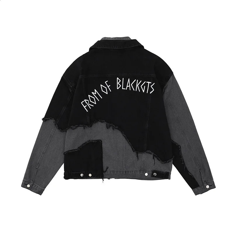 American High Street Washed Grayblack Stitching Pierced Denim Jacket Irregular Burr Long Sleeve Men 251017
