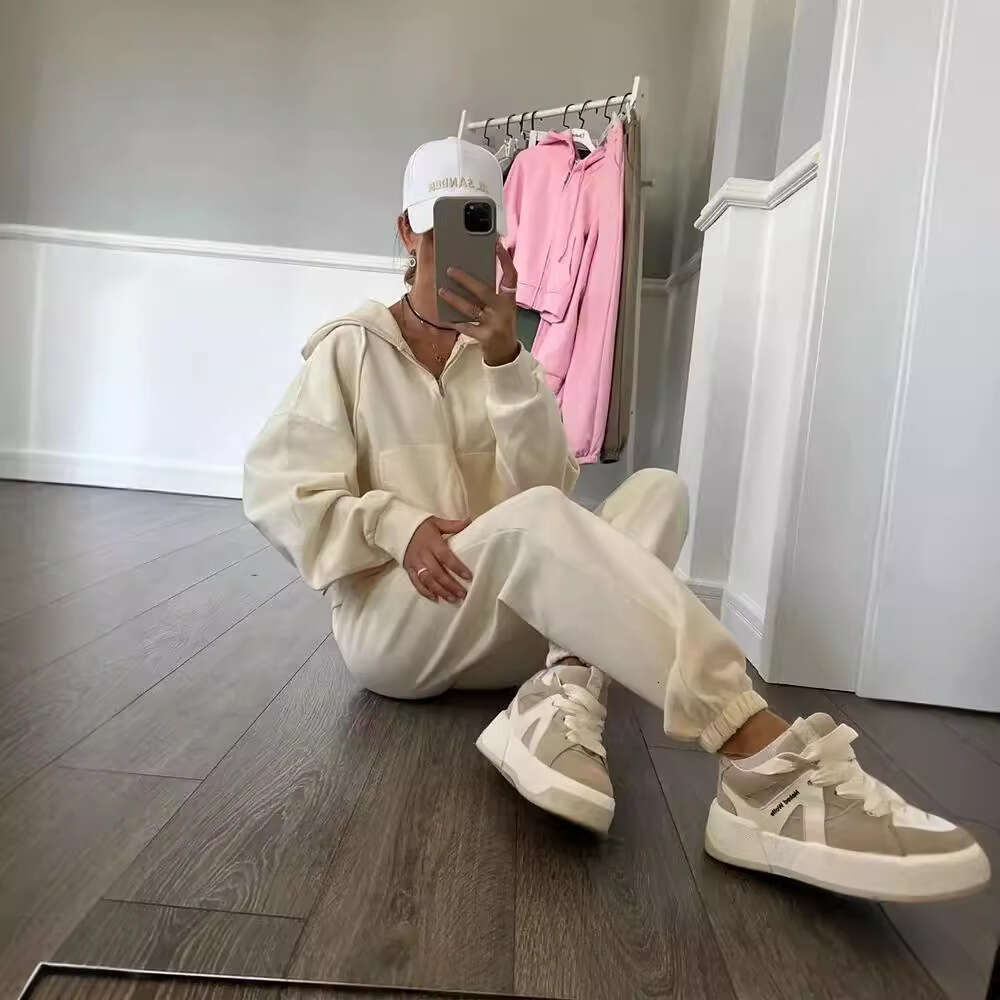 Casual Women's Solid Color Long Sleeve Zipper Hoodie Elastic Waistband Pants Two-Piece Set