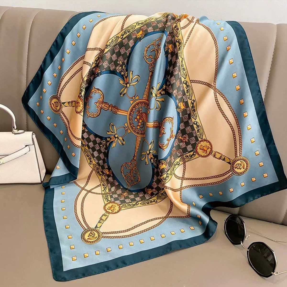70x70cm Fashionable Korean Style Silk Square Scarf Satin Print Hairband Necktie Hair Accessory Headscarf Versatile Wrap Scarf C251024