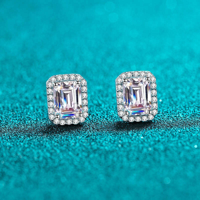 DHCollections-- Sterling Sier for Women Inlaid with Radiant Emerald Cut Moissanite Rectangular Irregular Dia Earrings