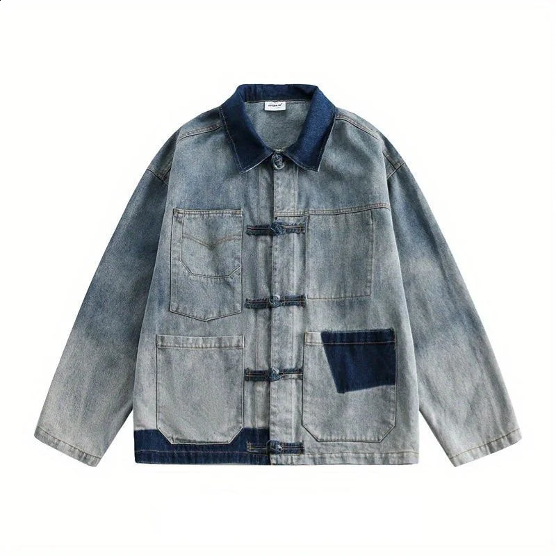 Retro Chinese Style Men Chic Distressed Denim Jacket with Frog Buttons Unisex Vintage Streetwear Coat for Casual Couple Wear 251017