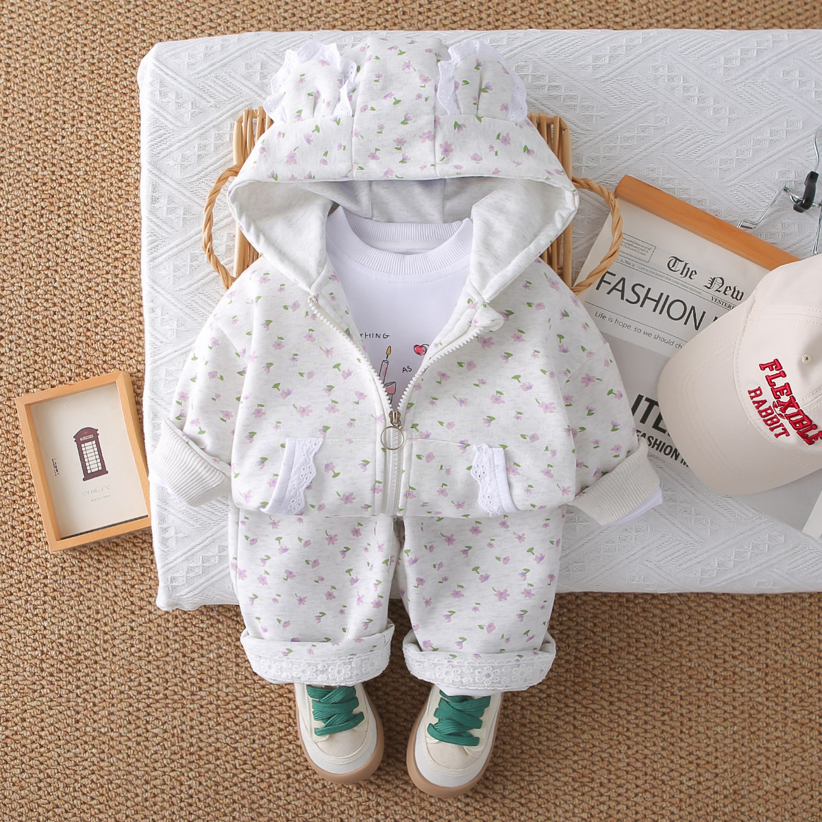 luxury kids clothing girls 2025 Girls 3-Piece Set, All Over Floral Print with Lace Trim, Spring Autumn Outfit for 1-5 Years Old Free Shipping