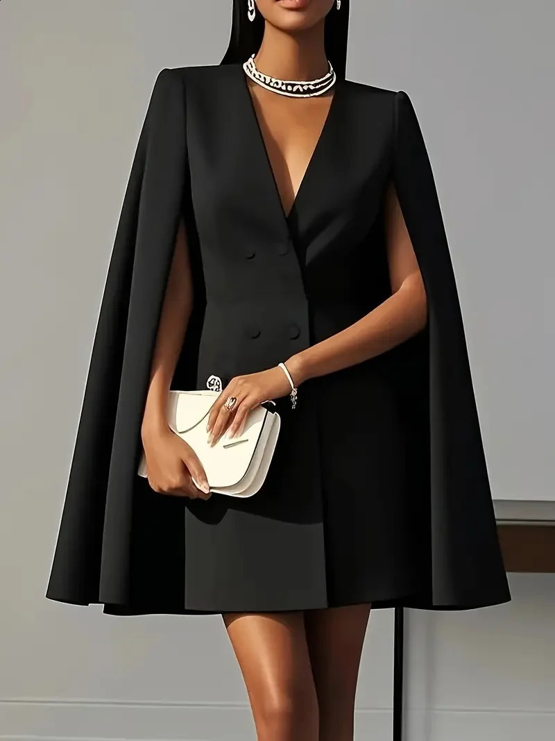 Autumn commuting doublebreasted shawl cloak solid colour suit dress womens clothing 251022