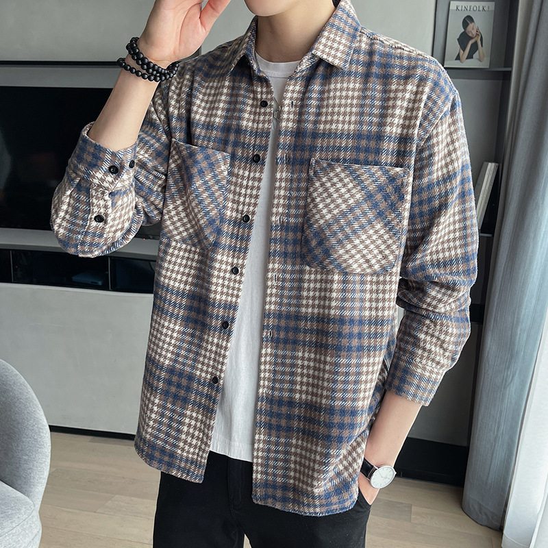 Plaid Trendy Men's Casual Loose Color-Block Long Sleeve Fashion Shirt Jacket