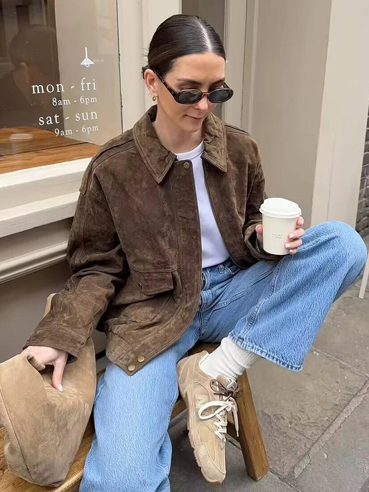 Yaphleet Women Elegant Suede Brown Bomber Jackets Fashion Ladies Casual Loose Outfits for Vintage Female Chic Clothes Cute 251020