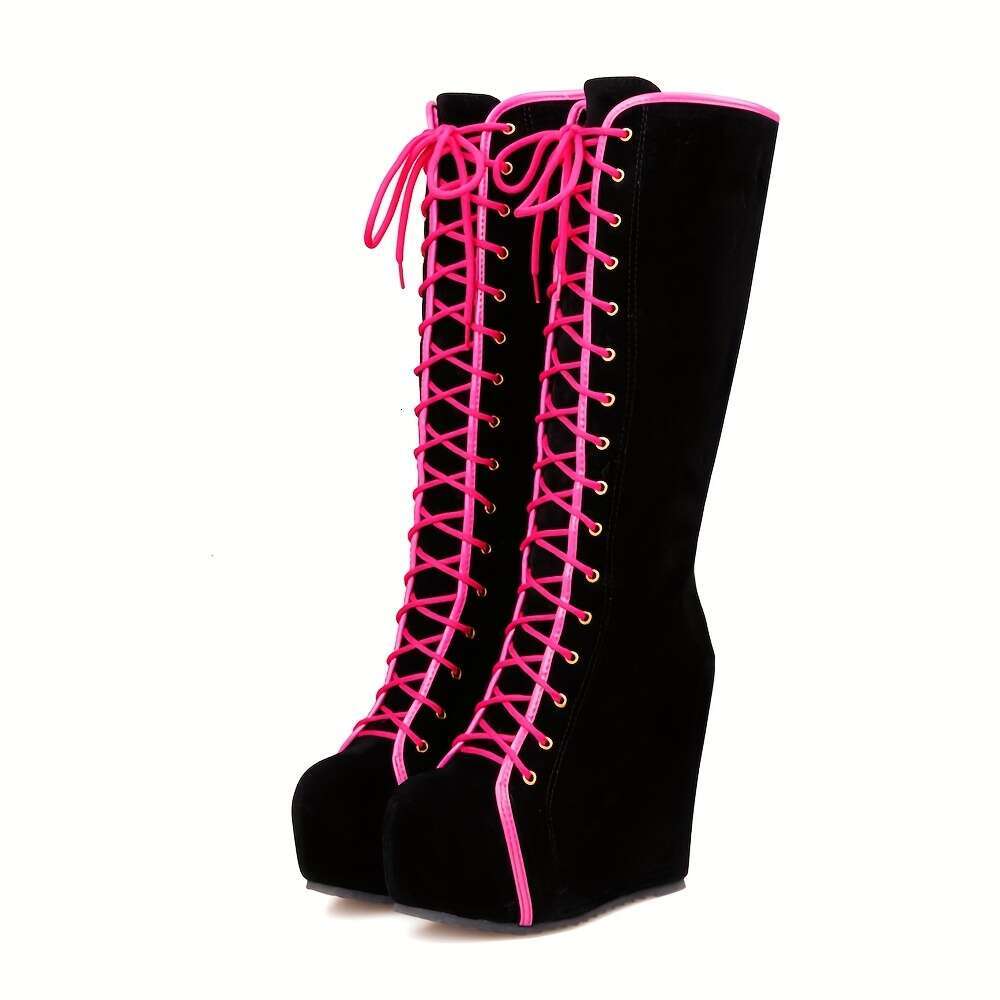 EROCALLI Women's Gothic Y2k Platform Wedge Knee-High Boots - Chunky Lace-Up With Side Zipper, Faux Cover Rubber Sole For Casual & Daily Wear, Hig